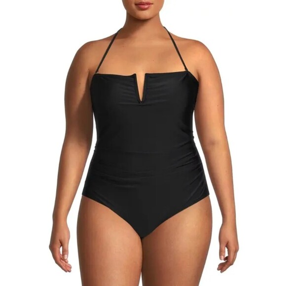 NWT Catherine Malandrino V Wire Shirred Black 1 Piece Bandeau Swimsuit Plus S 3X - Picture 1 of 12